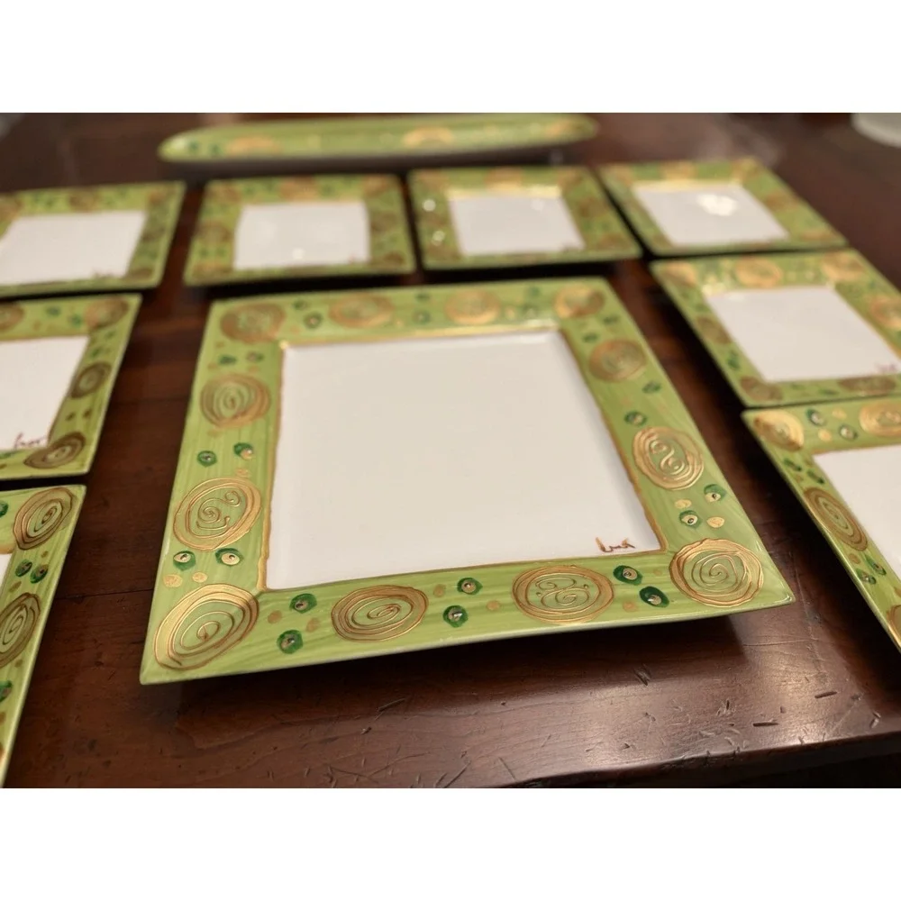 Vintage Mayfair & Jackson 9-Piece Square‎ Plate Set Green Metallic Gold Swirls